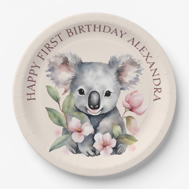 Assiettes En Carton Joyeux premier anniversaire aquarelle Koala (Devant)