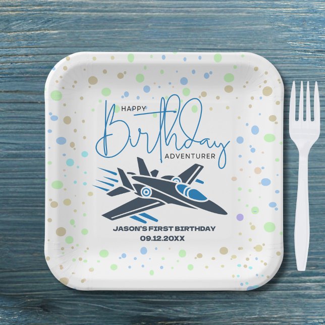 Assiettes En Carton Joyeux premier anniversaire Jet Fighter Avion Bleu (Créateur téléchargé)