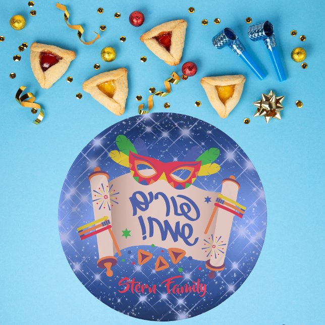 Assiettes En Carton Joyeux Purim Blue Megillah Grogger Hamantaschen (Créateur téléchargé)