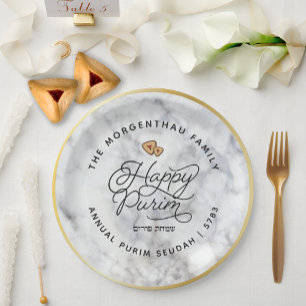 Assiettes En Carton Joyeux Purim Marbre & Or Script Classic Round Sti