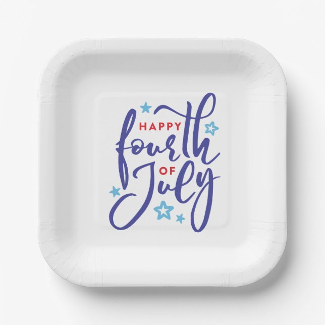 Assiettes En Carton Joyeux script 4 juillet créé à la main avec étoile (Recto)