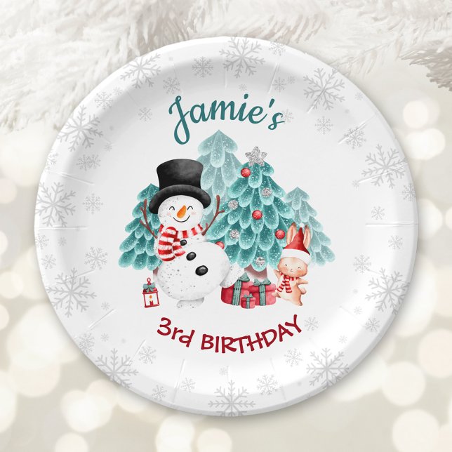 Assiettes En Carton Joyeux Snowman Noël fête d'anniversaire (Cute Happy Snowman Christmas Birthday Party Paper Plates)