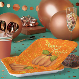 Assiettes En Carton Joyeux Thanksgiving Orange et Jaune Tourbillons Ca
