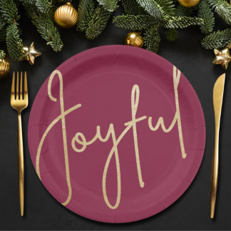 Assiettes En Carton JOYFUL Gold Faux Foil Cranberry Noël