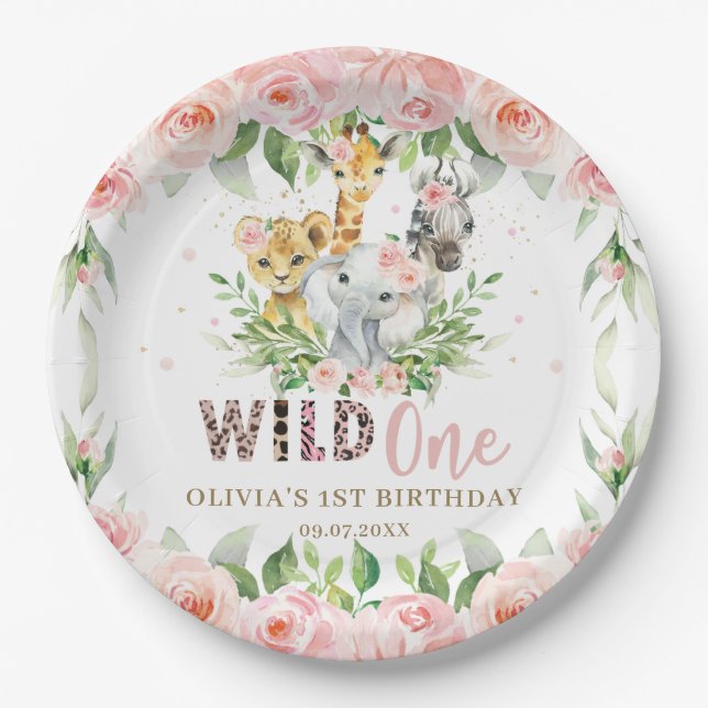 Assiettes En Carton Jungle Animal rose Floral Wild Un 1er anniversaire (Devant)