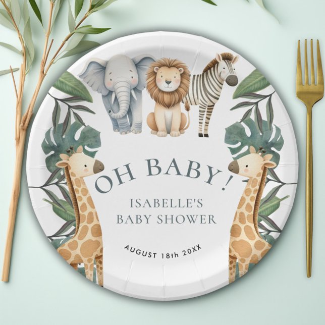 Assiettes En Carton Jungle Animal Safari Baby shower de verdure (Jungle Animal Safari Greenery Baby Shower Paper Plates)