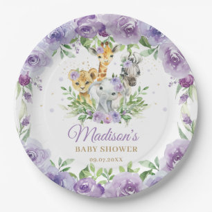 Assiettes En Carton Jungle Animal Safari Purple Floral Baby shower