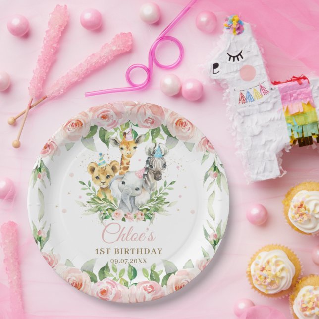 Assiettes En Carton Jungle Animal Safari rose Floral Girl Anniversaire (Fête)