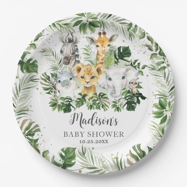 Assiettes En Carton Jungle Animal Safari Vert Baby shower Neutre (Devant)