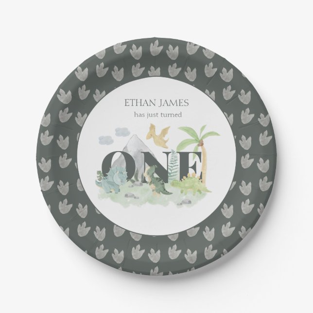Assiettes En Carton Jungle Dinosaur garçon 1er anniversaire mignonne A (Devant)