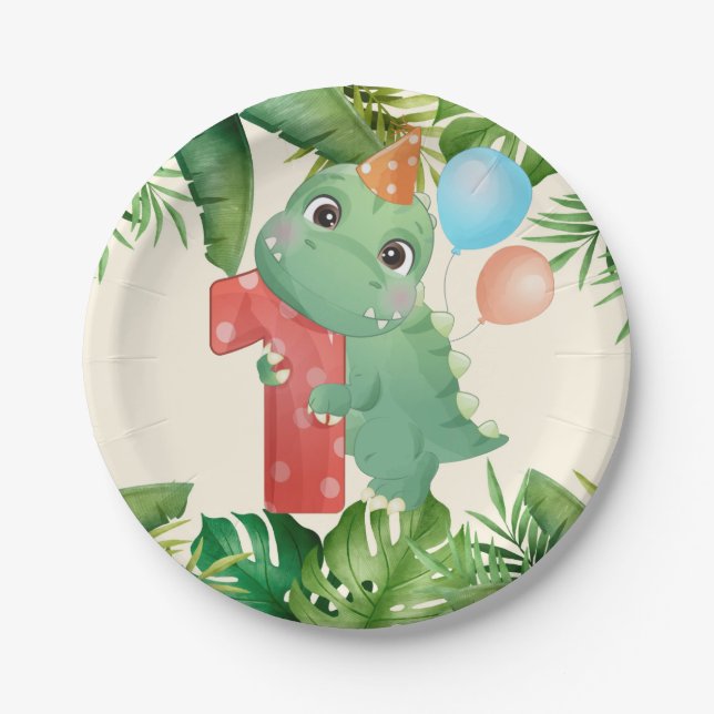 Assiettes En Carton Jungle Dinosaur Palm Feuilles 1er anniversaire (Devant)