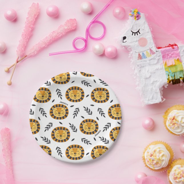 Assiettes En Carton Jungle Lion Motif avec nom enfant Anniversaire (Fête)