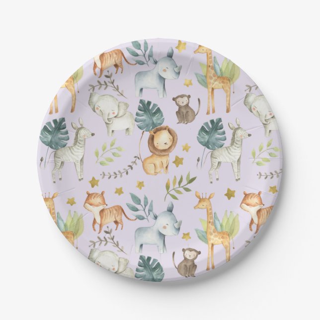 Assiettes En Carton Jungle safari animaux violet fille 2e anniversaire (Devant)