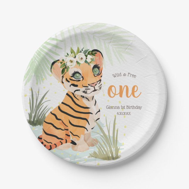 Assiettes En Carton Jungle Wild & Free Floral 1er Birthday Tiger (Devant)