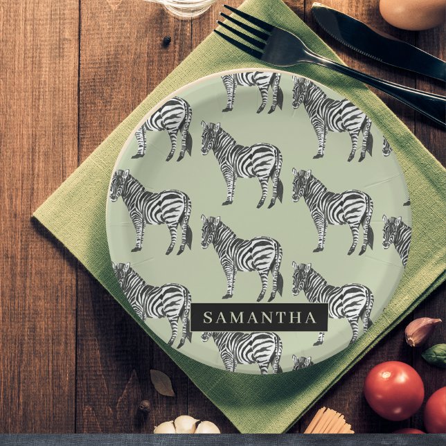 Assiettes En Carton Jungle Zebra Wild Motif & Nom personnalisé (Créateur téléchargé)