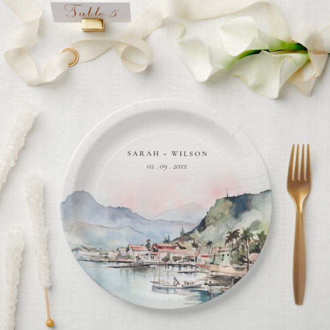 Assiettes En Carton Kauai Hawaii Watercolor Landscape Wedding (Mariage)