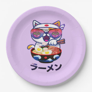 Assiettes En Carton Kawaii Chat Manger Ramen - Jolies nouilles japonai