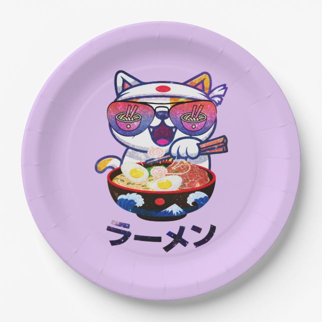 Assiettes En Carton Kawaii Chat Manger Ramen - Jolies nouilles japonai (Devant)