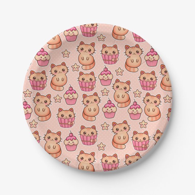 Assiettes En Carton Kawaii Cute Cats and Cupcakes Motif rose (Devant)