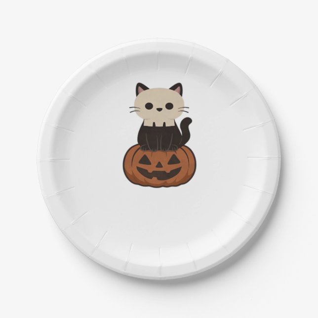 Assiettes En Carton Kawaii Halloween Chat et citrouille T-shirt surdim (Devant)