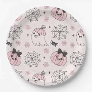 Assiettes En Carton Kawaii Motif d'Halloween rose avec Ghost, Citrouil