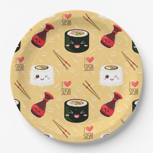 Assiettes En Carton Kawaii Sushi Motif Jaune clair (Devant)