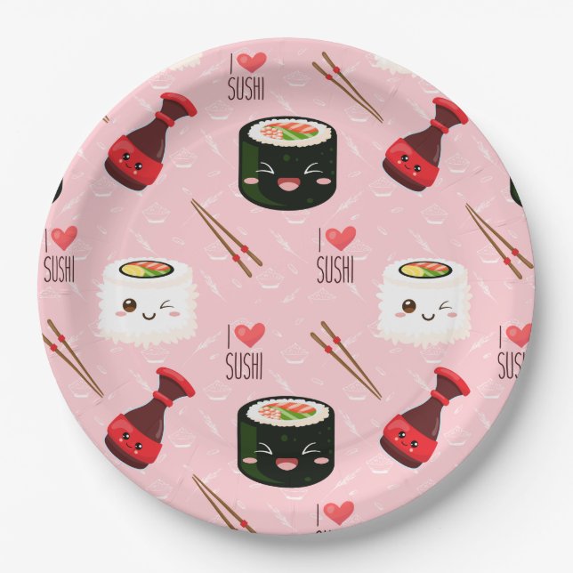 Assiettes En Carton Kawaii Sushi Motif rose clair (Devant)