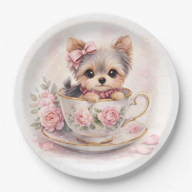 Assiettes En Carton Kawaii Yorkie Teacup Birthday Paper Plates (Devant)