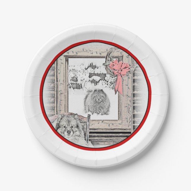 Assiettes En Carton Keeshond Noël hiver fenêtre Peinture Chien Art (Devant)