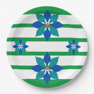 Assiettes En Carton Kelly Bandes vertes et fleurs bleues