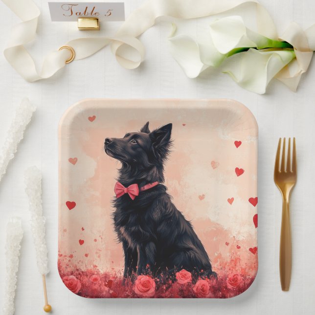 Assiettes En Carton Kelpie australienne avec Roses - Saint Valentin (Mariage)