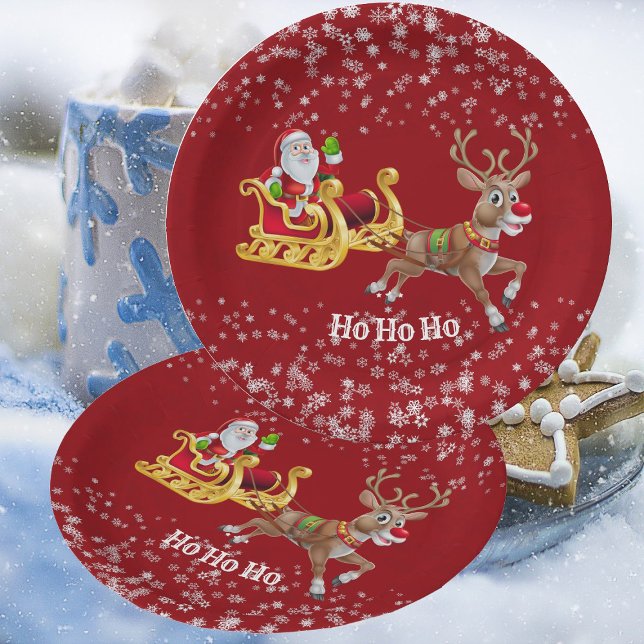 Assiettes En Carton Kids Père Noël Christmas Reindeder Sleigh Snowflak (Kids Santa Christmas Reindeer Sleigh Snowflake Red Paper Plates)