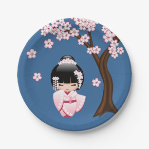 Assiettes En Carton Kimonon rose Kawaii Poupée Kokeshi sur fond bleu