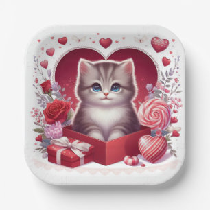 Assiettes En Carton Kitten assis en boîte avec des fleurs et des cadea