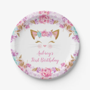 Assiettes En Carton Kitten kitty chaton floral rose violet turquoise