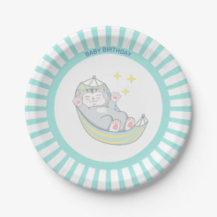 Assiettes En Carton Kitty Cat Anniversaire Garçon sur fond bleu clair 