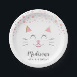 Assiettes En Carton Kitty Chat rose or fête d'anniversaire<br><div class="desc">Plaque de papier de fête pour la fête d'anniversaire du chat de votre enfant. Il y a le visage d'un chaton avec des bulles de parties scintillant roses. Customisez ce produit en ajoutant le nom et l'âge de votre enfant au bas. Idéal pour une fête d'anniversaire avec design rose et...</div>