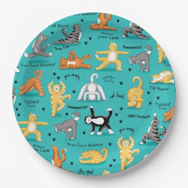 Assiettes En Carton Kitty Chat Yoga Poses couleur Turquoise bleu (Devant)
