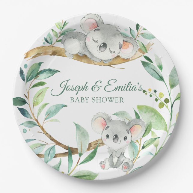 Assiettes En Carton Koala Green et Grey Baby shower neutre entre les s (Devant)
