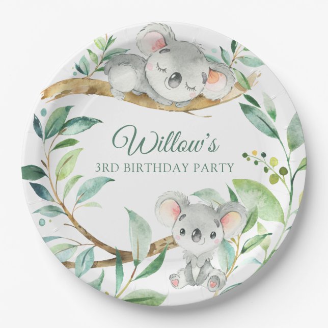 Assiettes En Carton Koala Green et Grey Custom Birday Party (Devant)