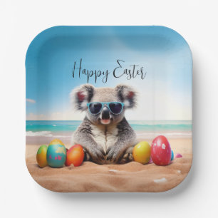 Assiettes En Carton Koala sur la plage avec oeufs de Pâques Joyeux Pâq