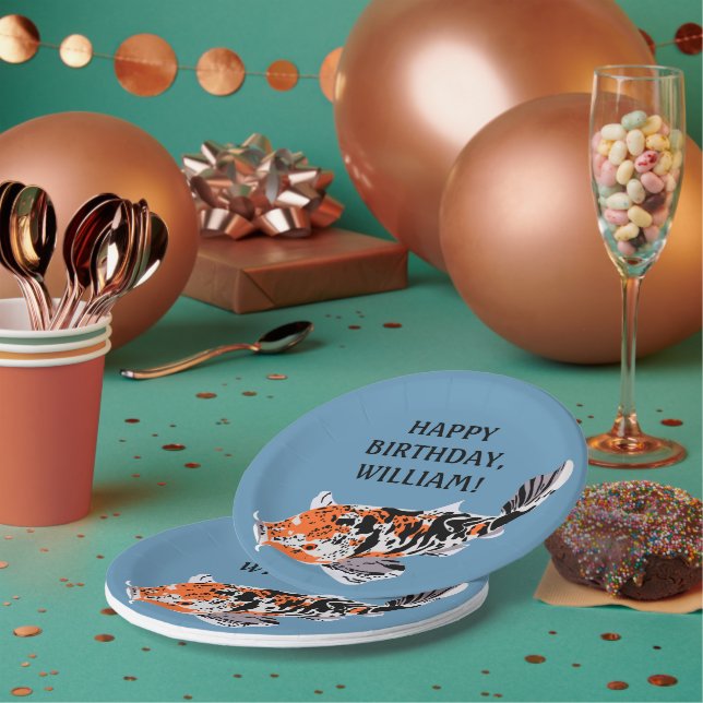 Assiettes En Carton Koi Fish Illustration Orange, fête d'anniversaire  (Multi)