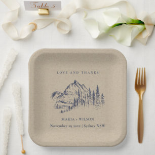 Assiettes En Carton Kraft Navy Pine Woods Mountain Sketch Mariage