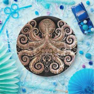 Assiettes En Carton Kraken Steampunk Octopus Ornate Gold Noir