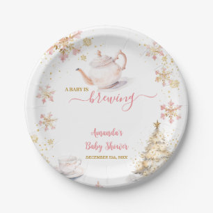 Assiettes En Carton La Baby Is Brewing Fête de Thé Rose Hiver Baby Sho