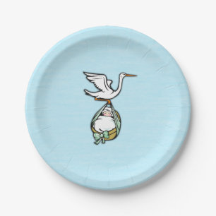 Assiettes En Carton La cigogne porte un bébé garçon
