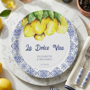 Assiettes En Carton La Dolce Vita Mariage Carreaux Bleus Méditerranéen