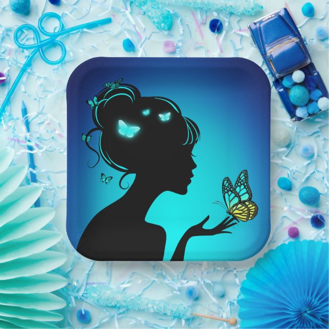 Assiettes En Carton La femme papillons bleues (Fête)