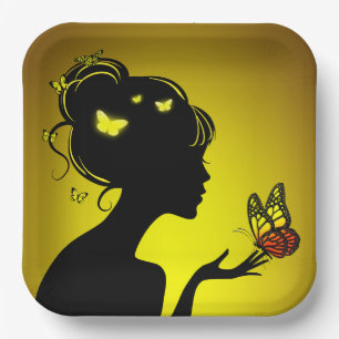 Assiettes En Carton La femme papillons jaunes