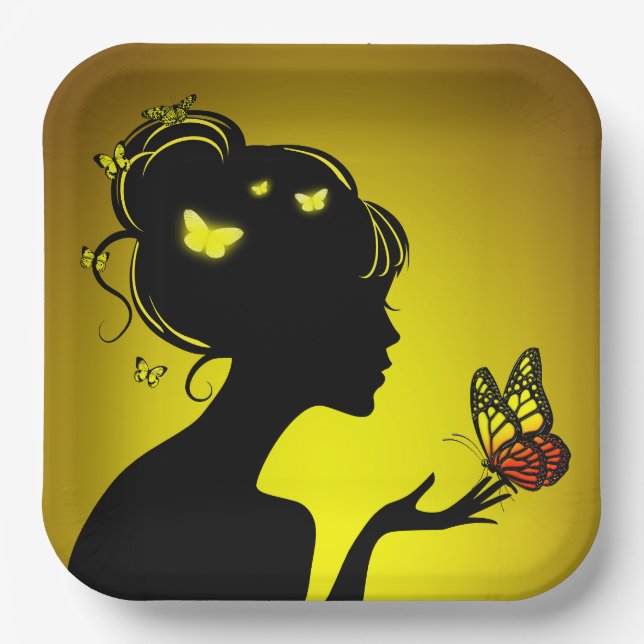 Assiettes En Carton La femme papillons jaunes (Recto)